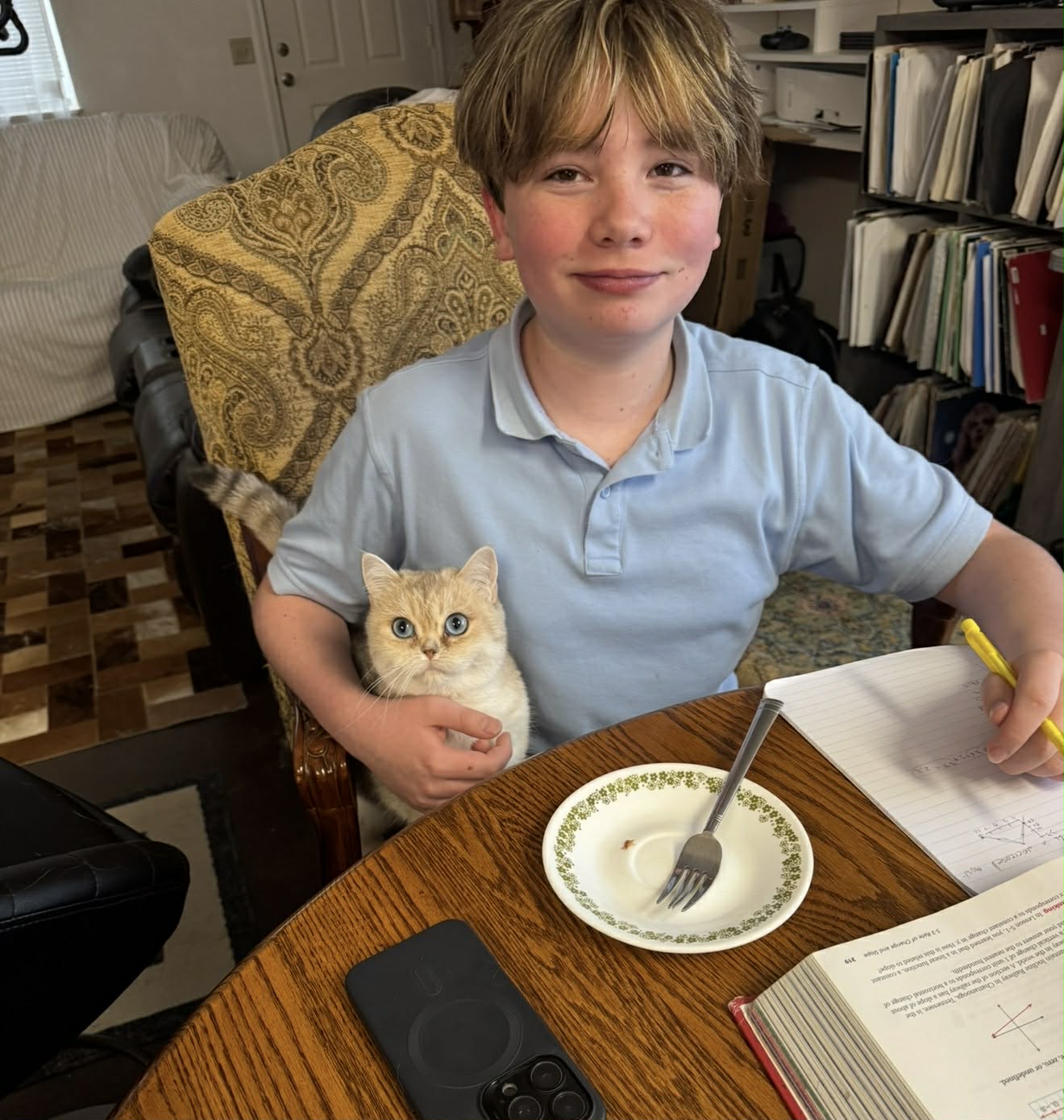Fisher with British Shorthair at breakfast